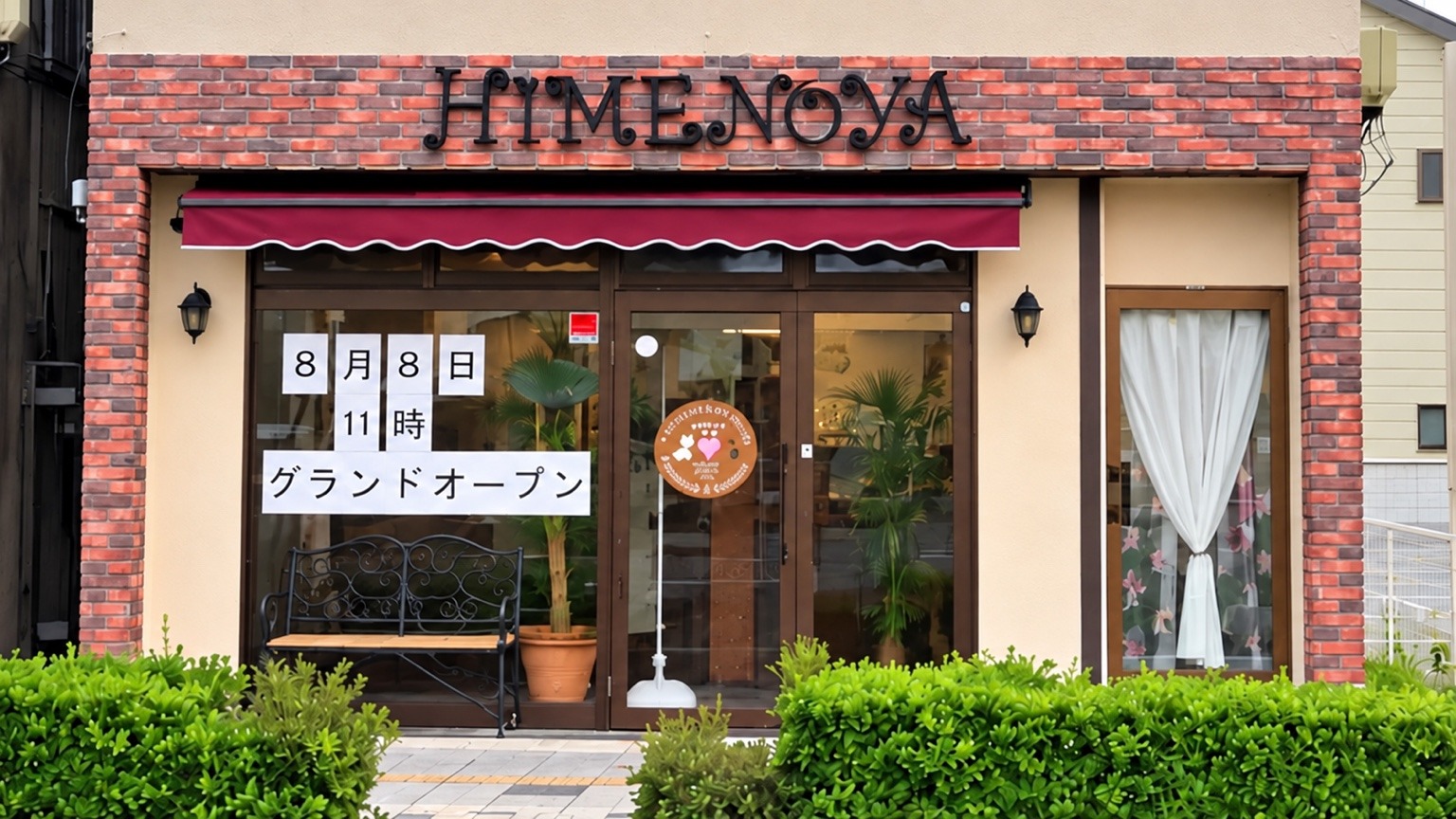 2019年8月8日のグランドオープンを知らせる掲示物が貼られたHIMENOYA旧店舗外観